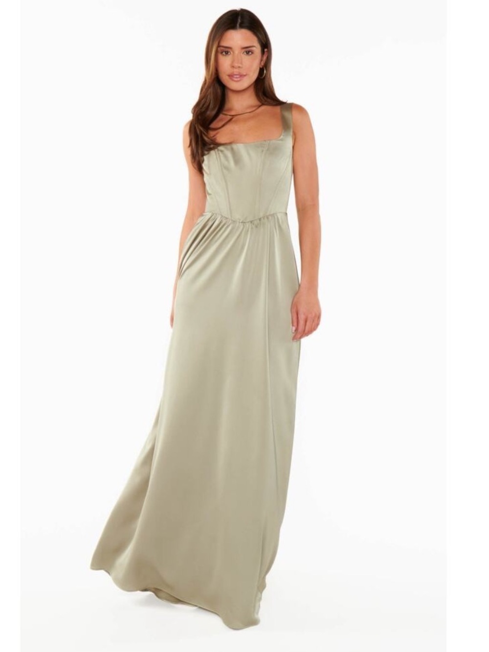 Show Me Your Mumu Nina Maxi Dress in Moss Green Luxe Satin Medium Corset - Picture 2 of 11